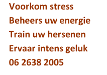 Voorkom stress     Beheers uw energie      Train uw hersenen   Ervaar intens geluk   06 2638 2005